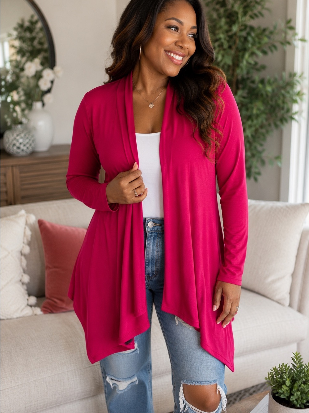 Azules Fuchsia Waterfall Open Front Duster Cardigan Pink Lightweight Size L USA